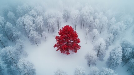 Aerial View of a Vibrant Red Tree Surrounded by Snow-Covered Forest in Winter Wonderland