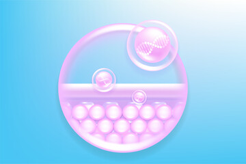 Hyaluronic acid and Niacinamide skin solutions ad, pink collagen serum drops into skin cell with cosmetic advertising background ready to use, illustration vector.