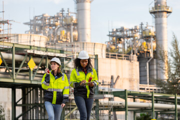 Two female engineers in high-visibility jackets and hard hats conducting a field inspection at an industrial plant with refinery structures in the background, ensuring workplace safety and efficiency