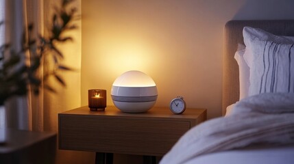 Cozy Nightstand with Modern Lamp and Candle in Serene Bedroom