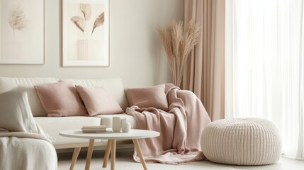 A beige and white minimal living room with blush pink throw blankets and decor accents
