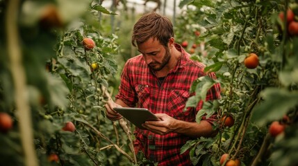 A farmer in a red plaid shirt is using a tablet to check apples in his apple orchard.