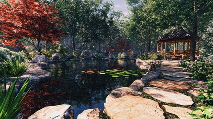 Serene Garden with Pond and Gazebo in Nature