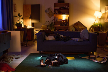 Mess on floor and broken furniture in dimly lit living room after break-in