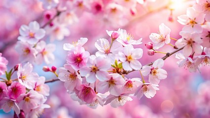 Obraz premium Delicate cherry blossoms in full bloom against a soft pink background with gentle petal folds, blooming flowers, delicate petals