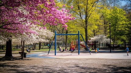 Fototapeta premium Vibrant Spring Playground Scene in a City Park
