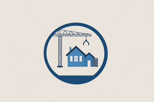 Modern construction company logo featuring crane, house silhouette, and bricks in blue and gray tones emphasizing reliability and quality