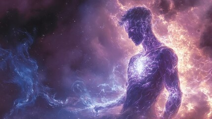 Naklejka premium A cosmic figure illuminated by swirling energy in a starry space