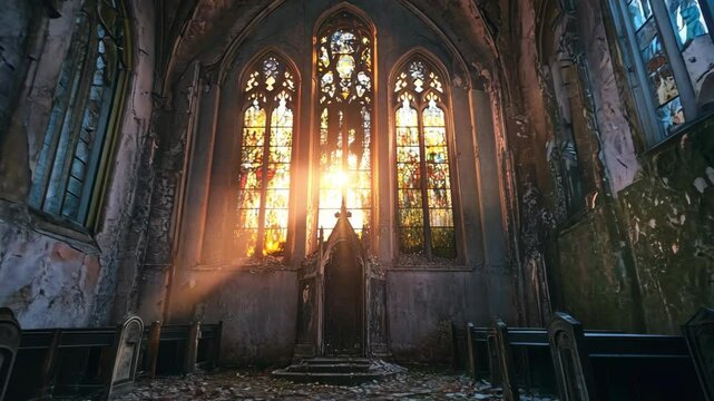 Sunlight streams through the stained glass windows of an abandoned church