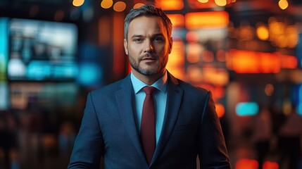 Business professional in a suit stands confidently in a vibrant office