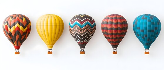 Obraz premium Vibrant Patterned Hot Air Balloons Floating in Serene White Background Colorful Aerial Adventure with Whimsical Designs and Cheerful