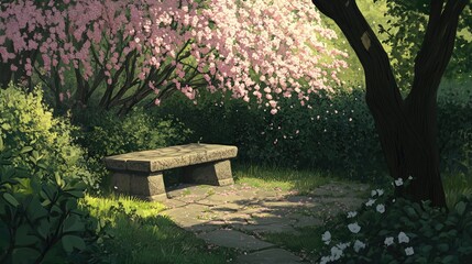 Naklejka premium Serene Garden with Blossoming Tree and Stone Bench