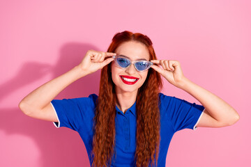 Photo of good mood adorable lovely woman wear blue stylish clothes isolated on pink color background