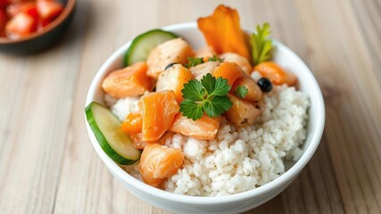 Fresh poke salad featuring slices of salmon, rice, and cucumber, gourmet, delicious