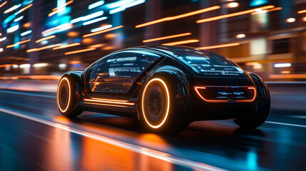 Obraz premium Futuristic self-driving car speeding through city at night
