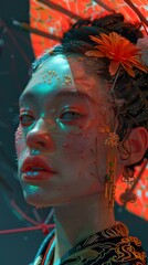 Obraz premium Cyberpunk Portrait of a Woman with Glowing Skin and Jewelry