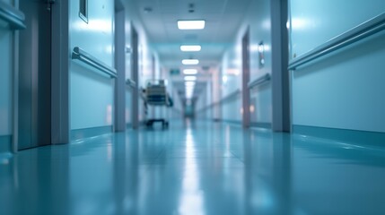 Blurred background of hospital corridor with focus on empty wall, soft lighting and light blue color tone, close-up of medical equipment in the distance