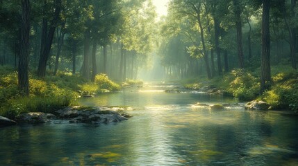 Serene forest scene with a tranquil river and soft sunlight.