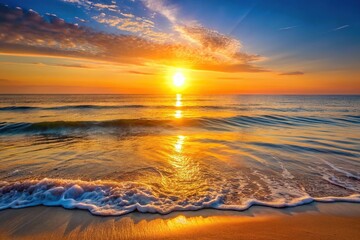 Fototapeta premium Gentle golden light illuminates the horizon as the sun dips below the sea, casting a warm glow on the waves, soft, peaceful