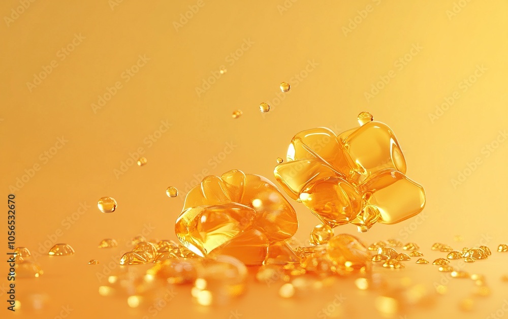 Poster abstract golden liquid blobs, droplets and splatters on a yellow background.