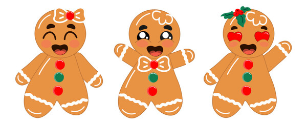 Flat style illustration of three cheerful gingerbread men on a white background. Perfect for holiday projects, packaging, and festive designs, adding a playful touch to your visuals.