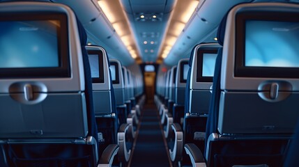 Photo of an airplane interior with a blank TV screen on the back of each seat, ready for advertising or digital content display