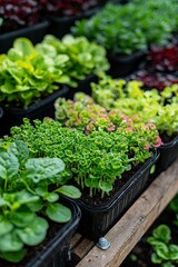 Rows of Green Seedlings in Black Pots on a Wooden Shelf