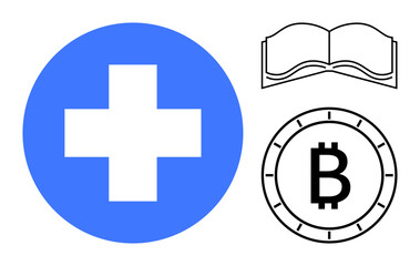 Blue medical cross, open book outline, and Bitcoin coin illustration. Ideal for healthcare, finance, technology, education, digital currency, business, and web design. Line metaphor
