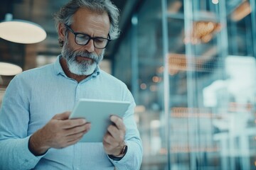Logistics manager holding a tablet and checking inventory in a warehouse