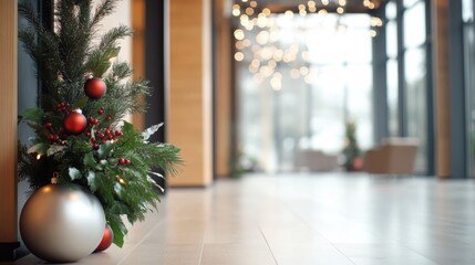 Open office space decorated for Christmas holidays with trees and ornaments, creating warm and festive atmosphere at workplace