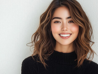 Naklejka premium 柔らかな笑顔とウェーブヘアの女性ビューティーポートレート