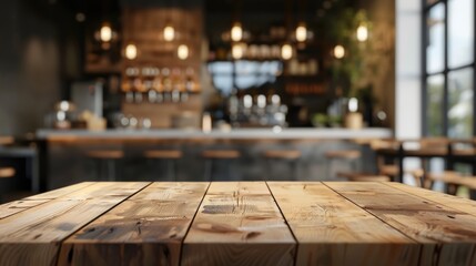 Blurred restaurant interior with vacant wood table. Mockup