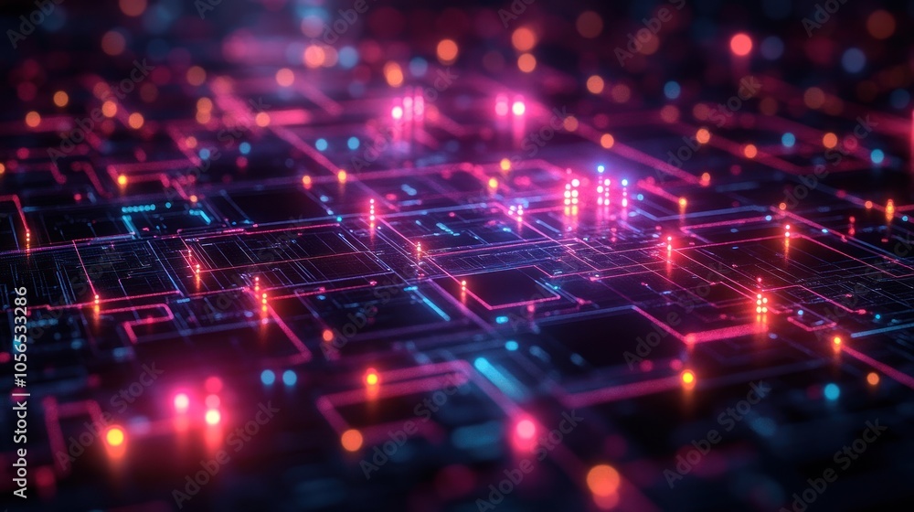 Poster abstract representation of a digital circuit board with glowing lights.