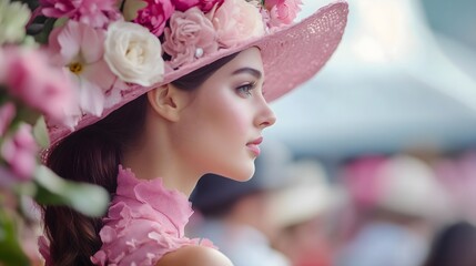Obraz premium Horse racing fashion, woman wearing a fashionable colourful flower hat and fancy dress. Retro modern elegant sports event spring carnival, race track and horse background. Melbourne Cup in Australia.