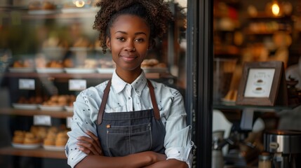Fototapeta premium A photo of an attractive African American woman standing in front of her coffee shop, wearing professional attire and an apron with her arms crossed looking at the camera smiling