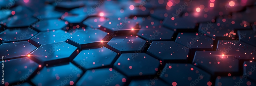 Poster honeycomb pattern of hexagons glowing in blue and red lights, representing the complex structure fou