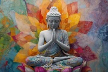 Buddha holding colorful lotus flower, oil painting	