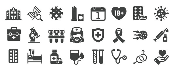 HIV Aids glyph solid icons collection. Containing health, virus, condom, sex, infection. Minimal icon and symbol series vector illustration