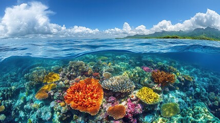 Obraz premium Vibrant coral reef teeming with marine life under clear blue water.