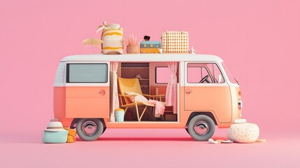 Summer vacation concept, Travel to the beach by van carrying travel accessories on pink background, 3d illustration. 