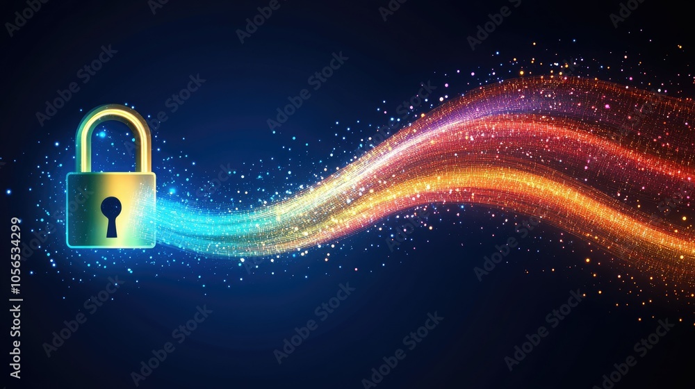 Poster a vibrant digital lock glows with soft light, with data streams elegantly flowing from it, highlight