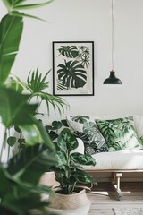 A stylish living room featuring lush green plants, botanical-themed decor, and natural light, creating a serene and inviting atmosphere.