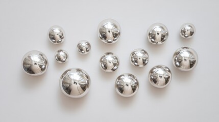 Abstract metallic droplets floating against a white background, with each droplet reflecting light and forming a modern, sleek design.