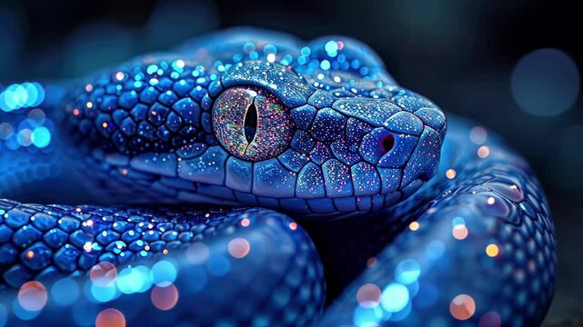 Illustration of a blue snake in water element with dew, symbolizing the year of the snake 2025 in the calendar.
