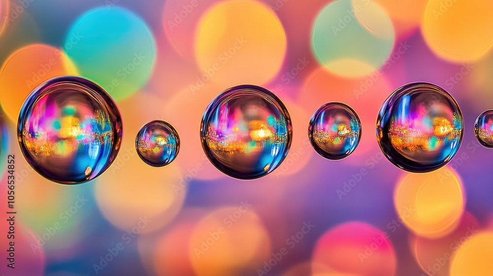 Poster abstract shot of water droplets on a glass surface with colorful bokeh lights behind them, creating 