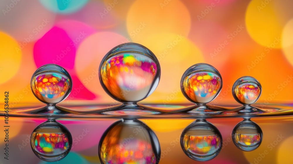 Poster abstract shot of water droplets on a glass surface with colorful bokeh lights behind them, creating 