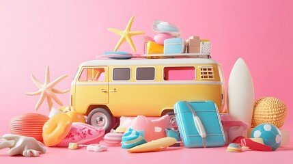 Summer vacation concept, Travel to the beach by van carrying travel accessories on pink background, 3d illustration. 