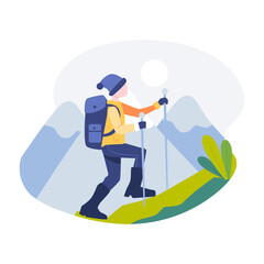 Person hiking mountains with backpack and poles surrounded by green foliage. Perfect for outdoor, adventure, hiking, nature themed designs.