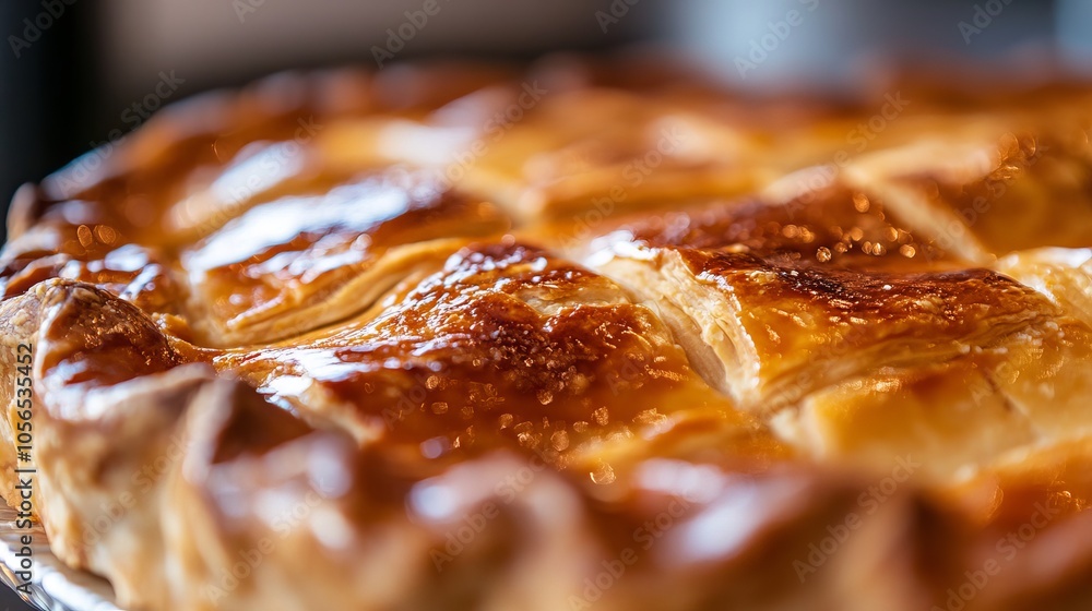 Poster close-up of a pie crust with golden brown edges and flaky layers.