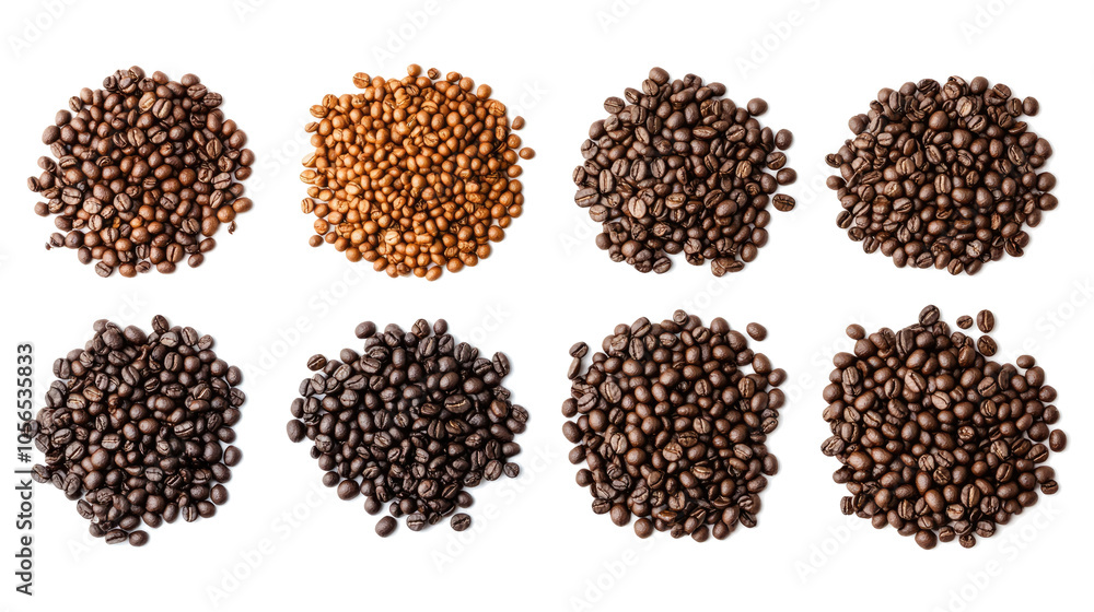 Poster variety of coffee beans arranged in a set on transparent background generative ai